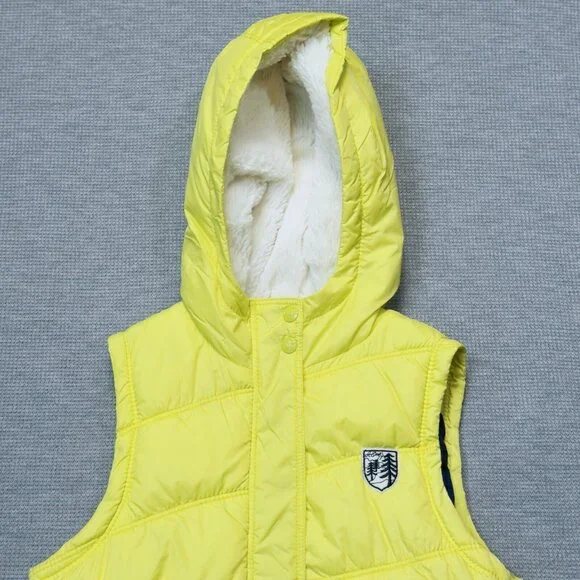American Eagle Womens Yellow Puffer Vest Faux Fur Hooded Zip Pockets Size Small - Picture 15 of 16
